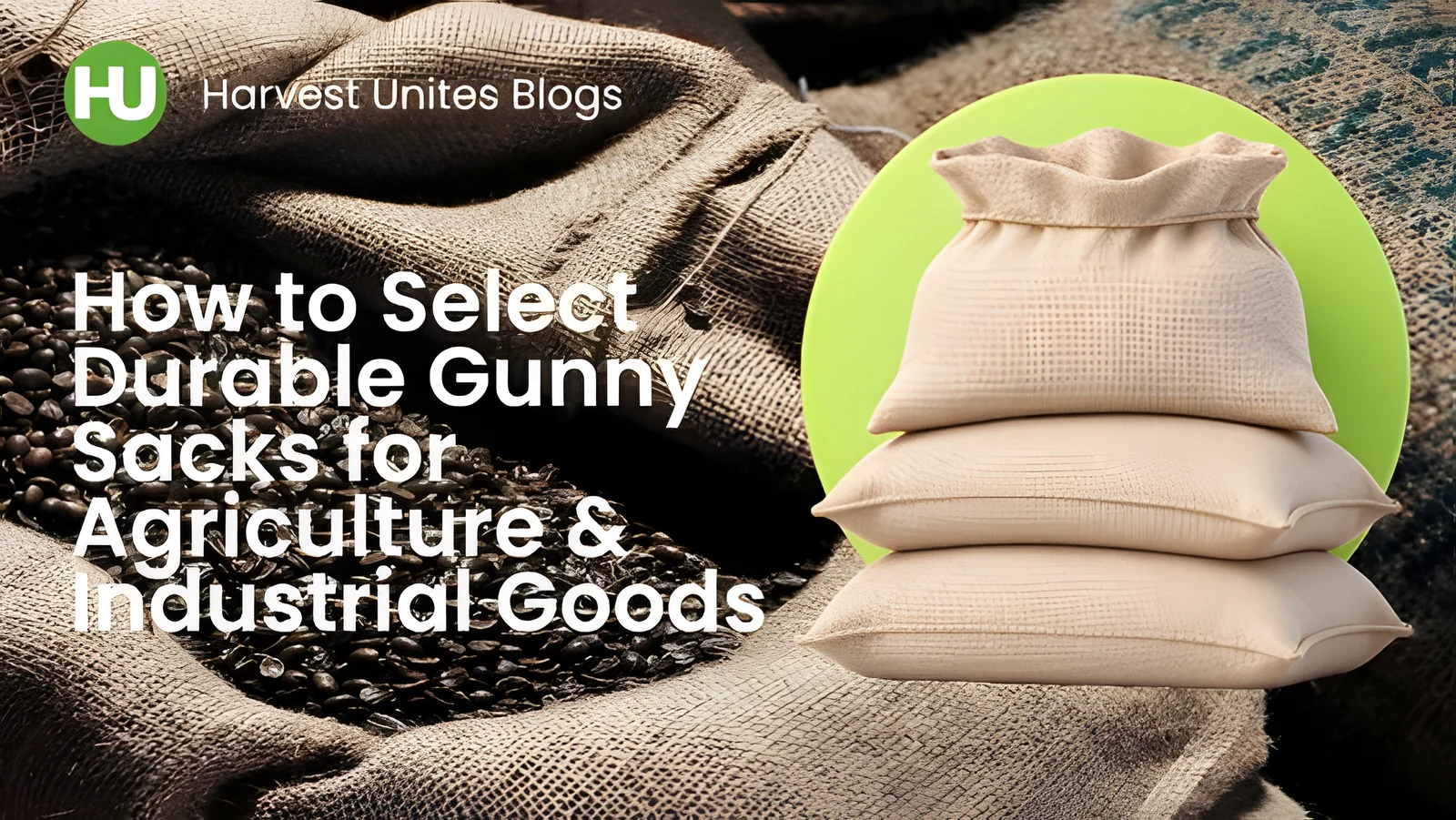 Stacked jute gunny sacks beside open burlap sacks of coffee beans for agricultural storage